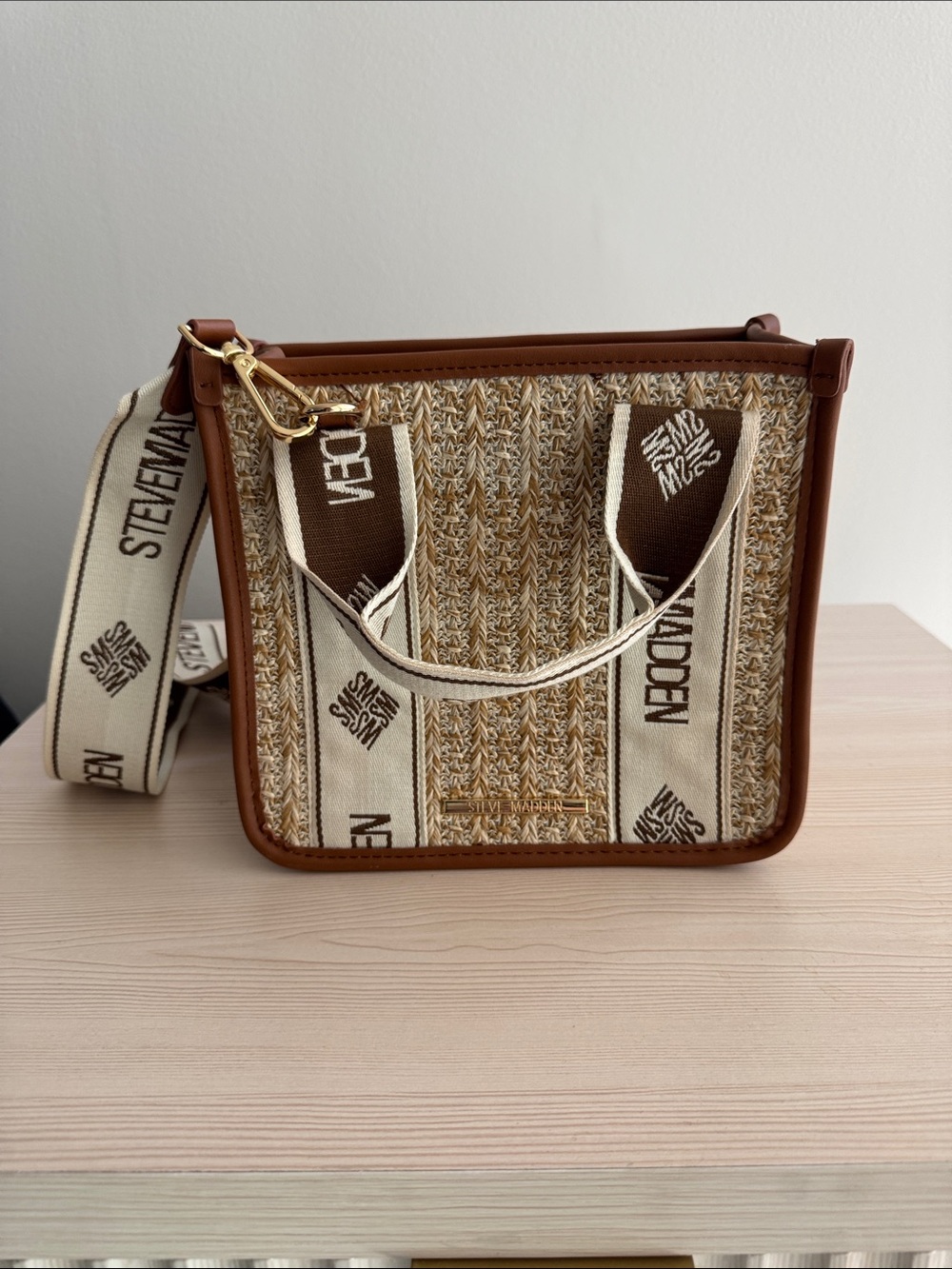 Steve Madden Brown & Cream Woven Crossbody with Branded Strap